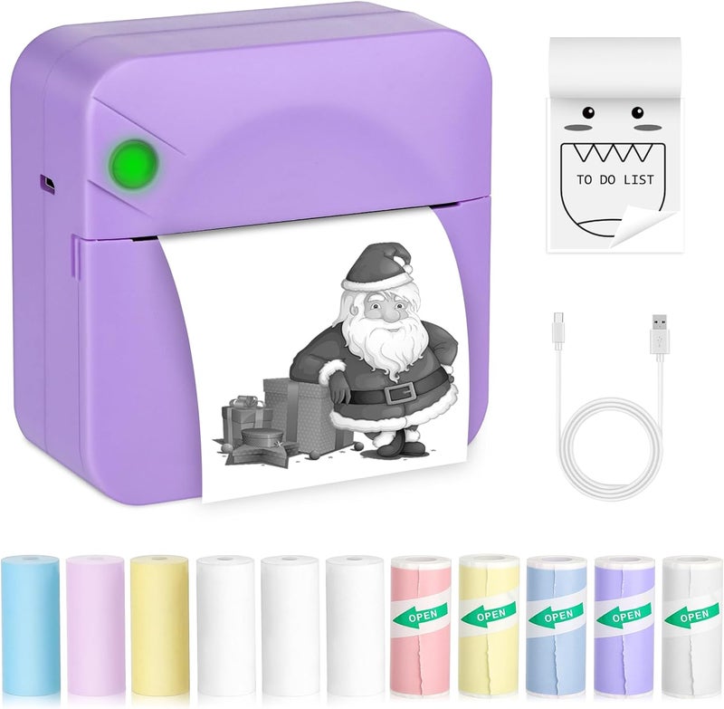 Zeacool Mini Sticker Printer,Mini Pocket Thermal Printer with 11 Rolls Paper,Bluetooth Inkless Printer Compatible with Android & iOS,Portable Receipt Printer for Photo,Journal,Memo,Travel,Purple - Image 1